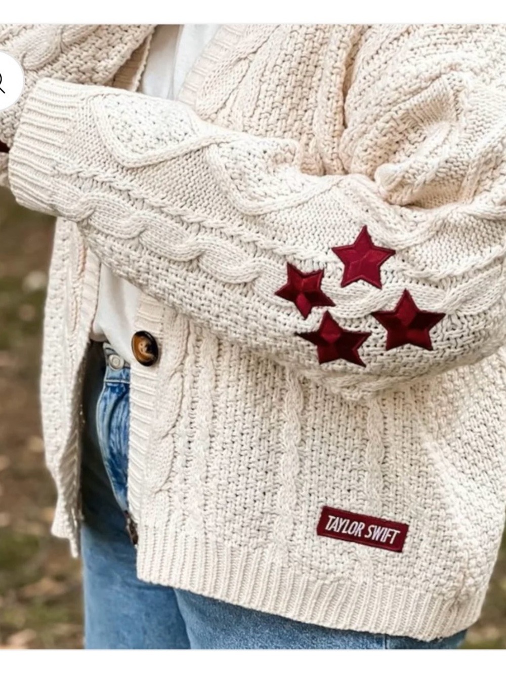 Taylor Swift Cream Cable-Knit Cardigan with Red Star Patches